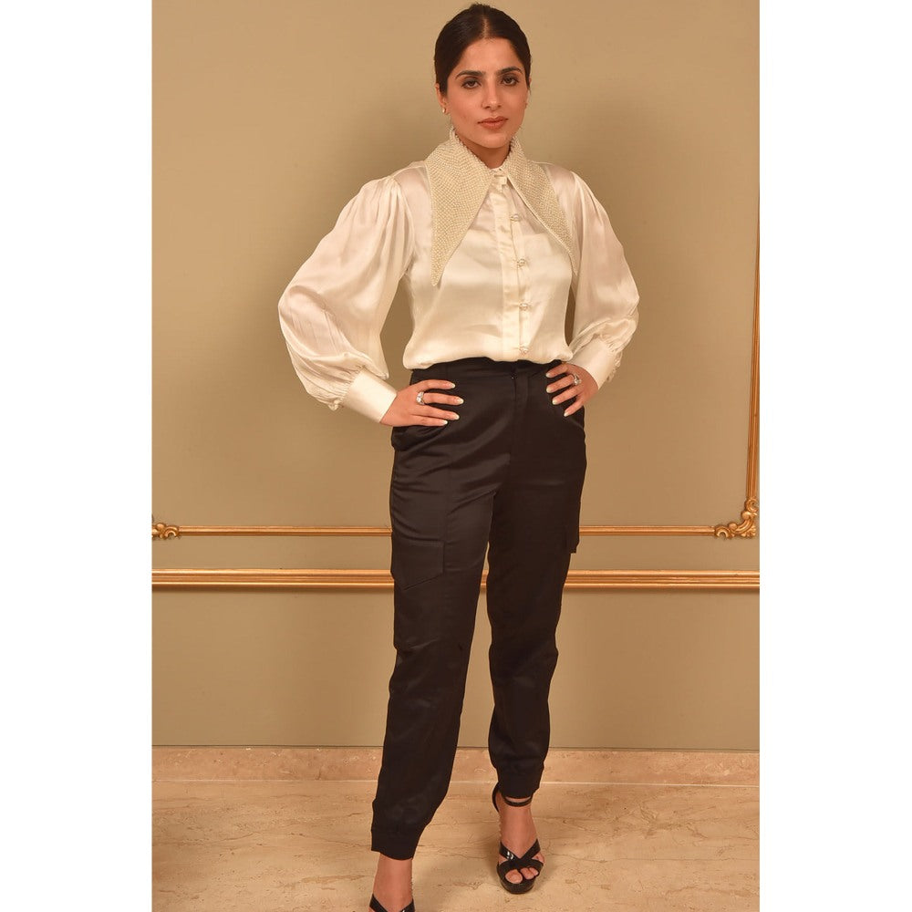 Label Simran Kochher White Pearl Satin Beaded Collar Shirt