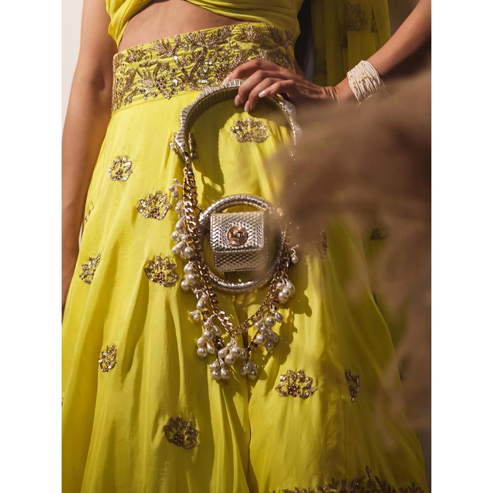 Simmi Guntaj Yellow Sarah Crop Top with Attached Draped Dupatta and Lehenga (Set of 2)