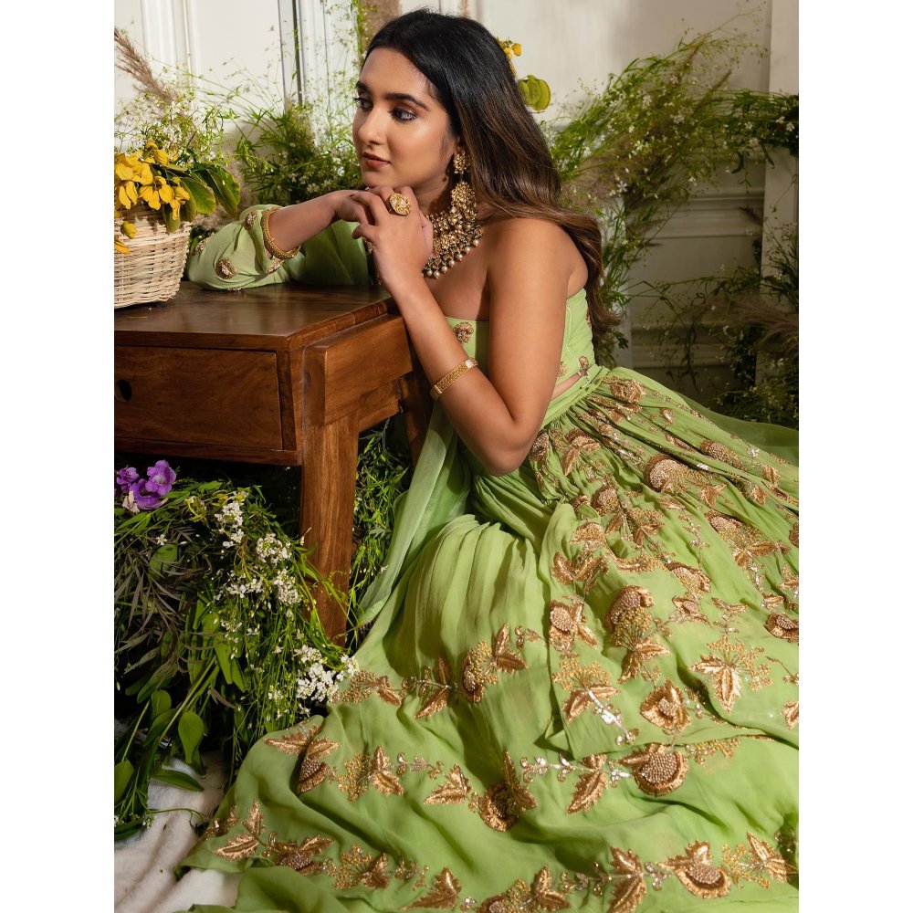 Simmi Guntaj Green Piranda Lehenga with Blouse and Dupatta (Set of 3)