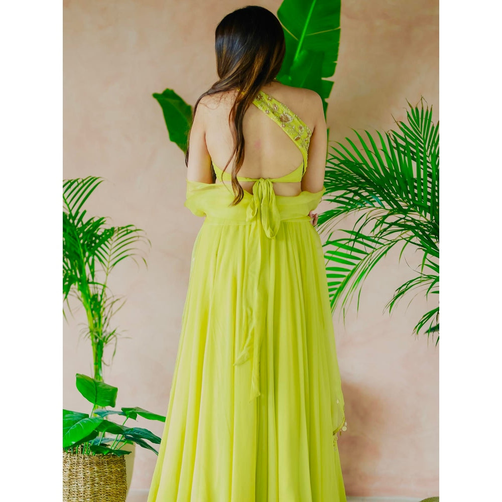 Simmi Guntaj Green One Shoulder Blouse with Lehenga and Dupatta (Set of 3)