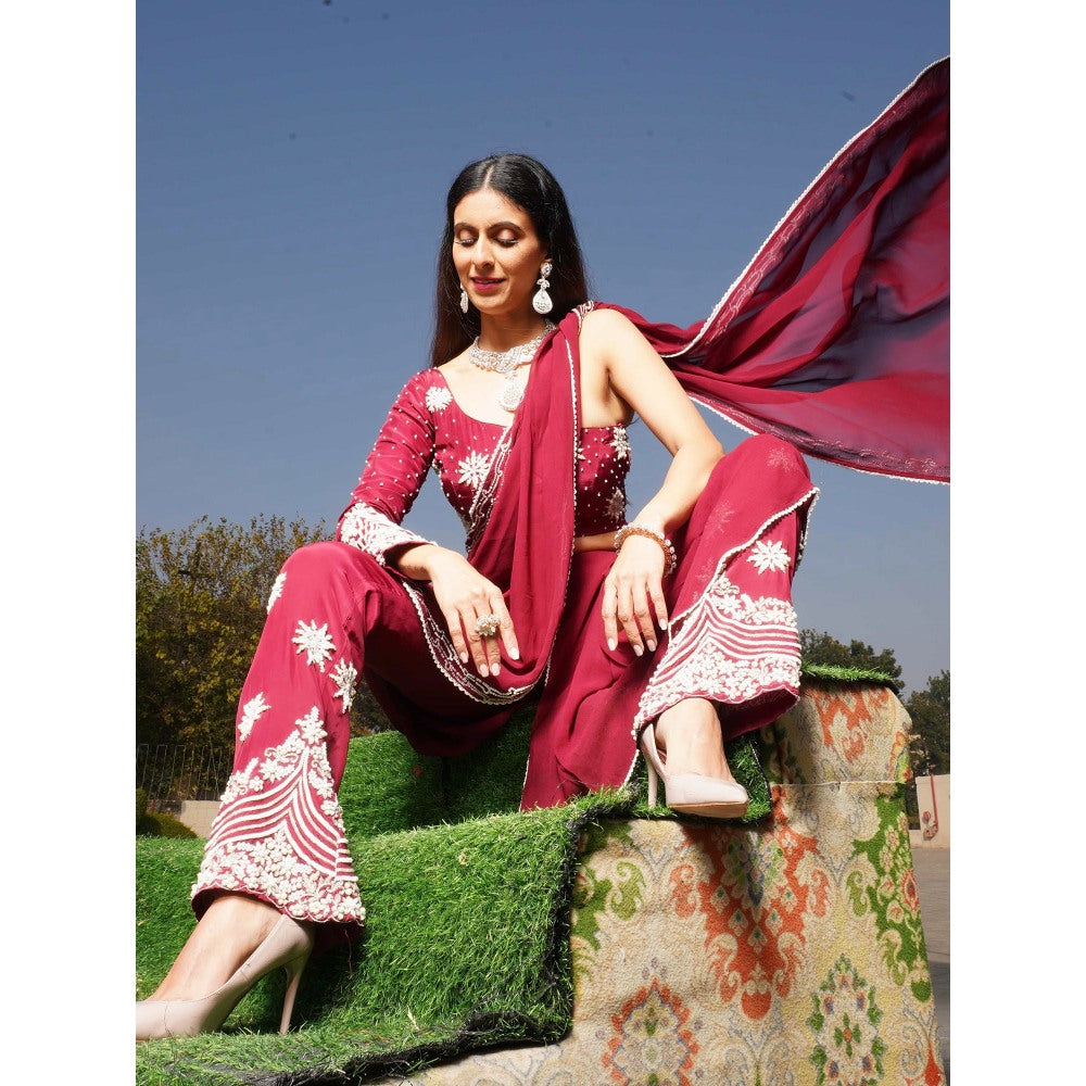 Simmi Guntaj Maroon Sequoia Pre Draped Saree and Pant with Stitched Blouse