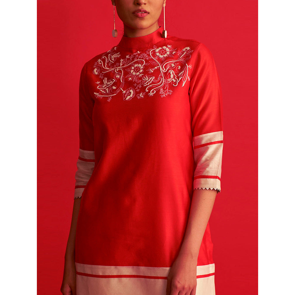 Saksham & Neharicka Red And Ivory Embroidered Kurta & Pant (Set of 2)