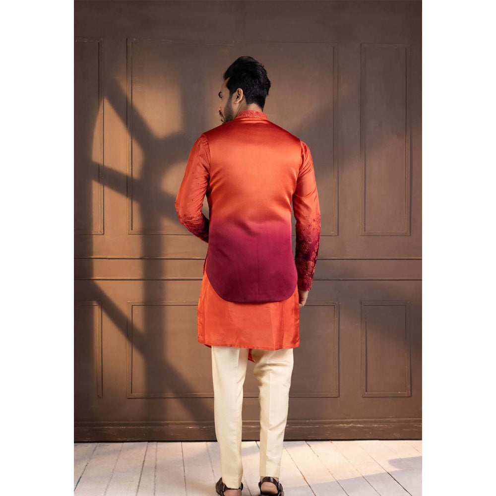 SMRITI Orange Embroidered Nehru Jacket with Kurta and Pant