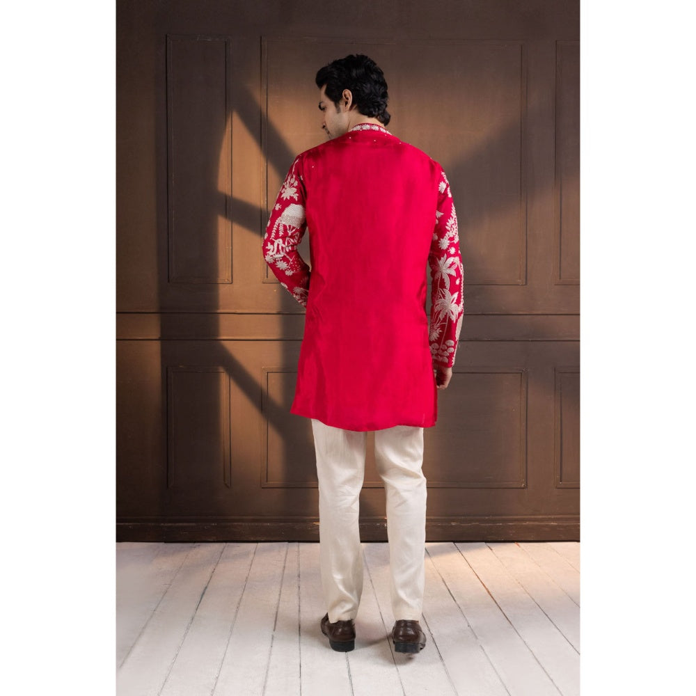 SMRITI Crimson Palm Grove Embroidered Kurta
