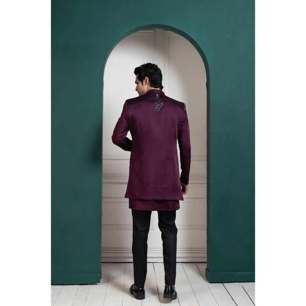 SMRITI Plum Asymmetric Embroidered Bandhgala