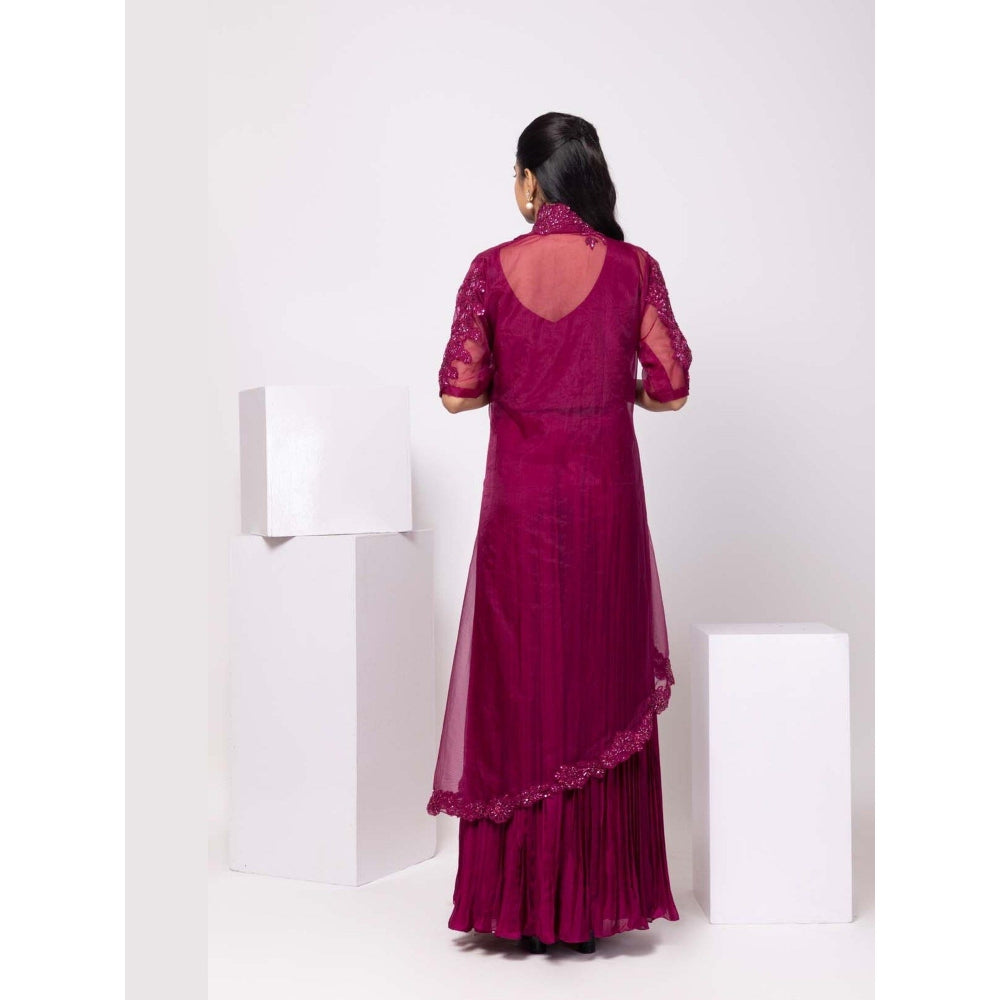 SMRITI Magenta Crop Top with Pleated Skirt and Cape