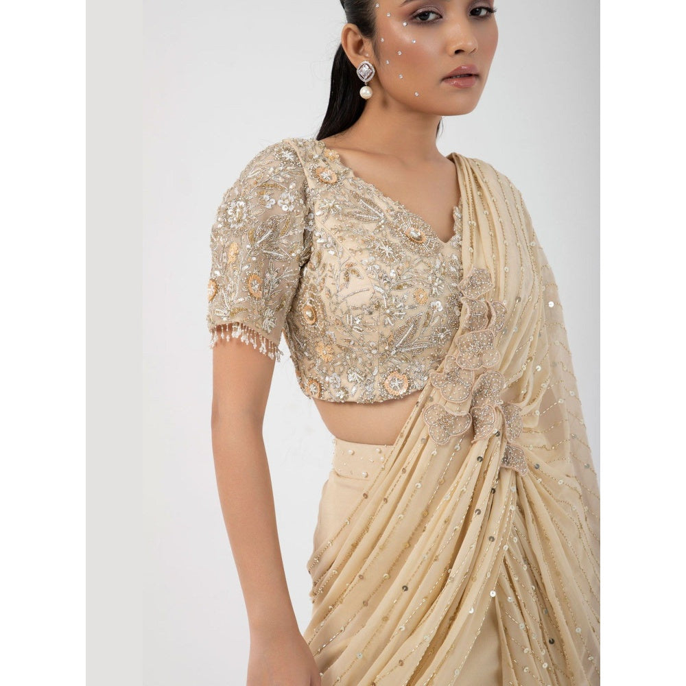 SMRITI Gold Goddess Pre-Draped Saree with Stitched Blouse
