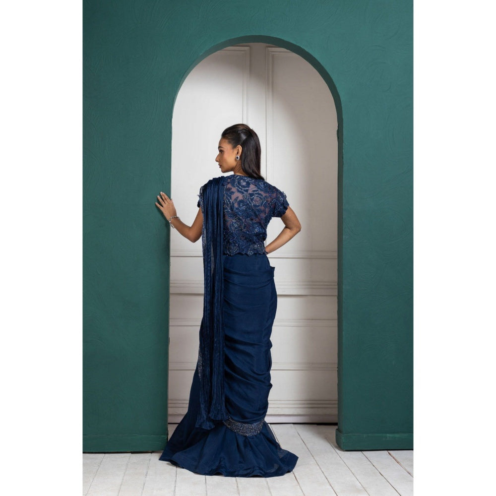 SMRITI Midnight Elegance Embellished Pre-Draped Saree with Stitched Blouse
