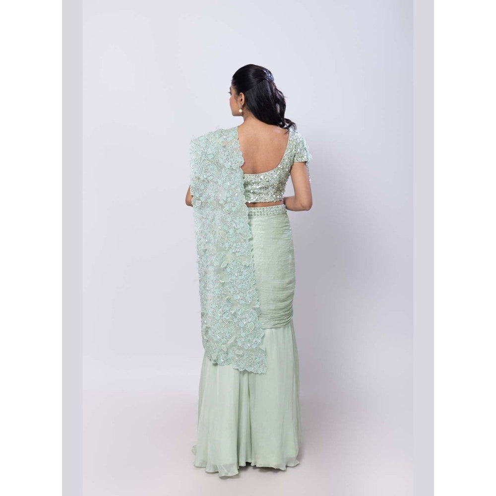 SMRITI Romantic Green Pearl Embellished Pre-Draped Saree with Stitched Blouse