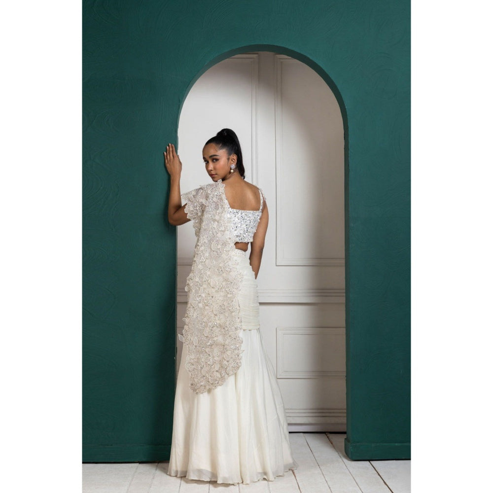 SMRITI Romantic Pearl Embellished Pre-Draped Saree with Stitched Blouse