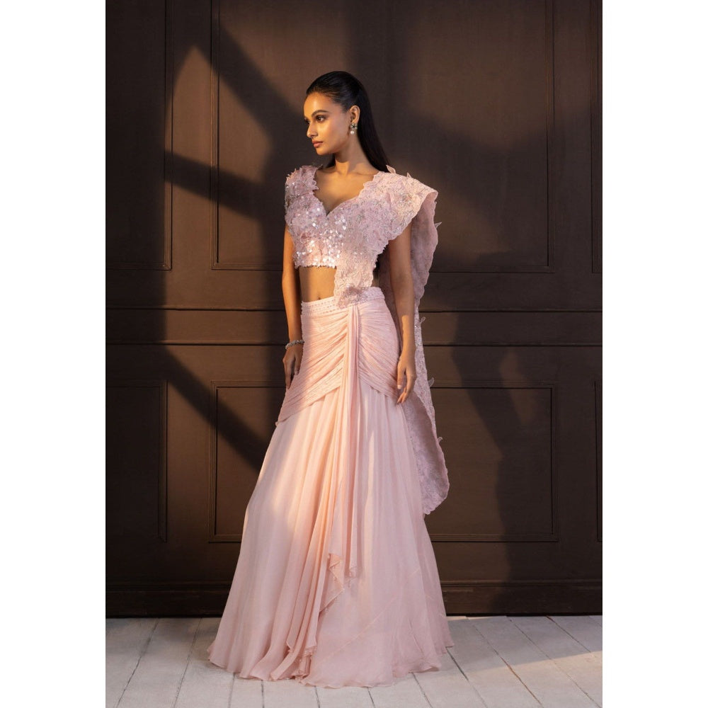 SMRITI Romantic Rose Embellished Pre-Draped Saree with Stitched Blouse