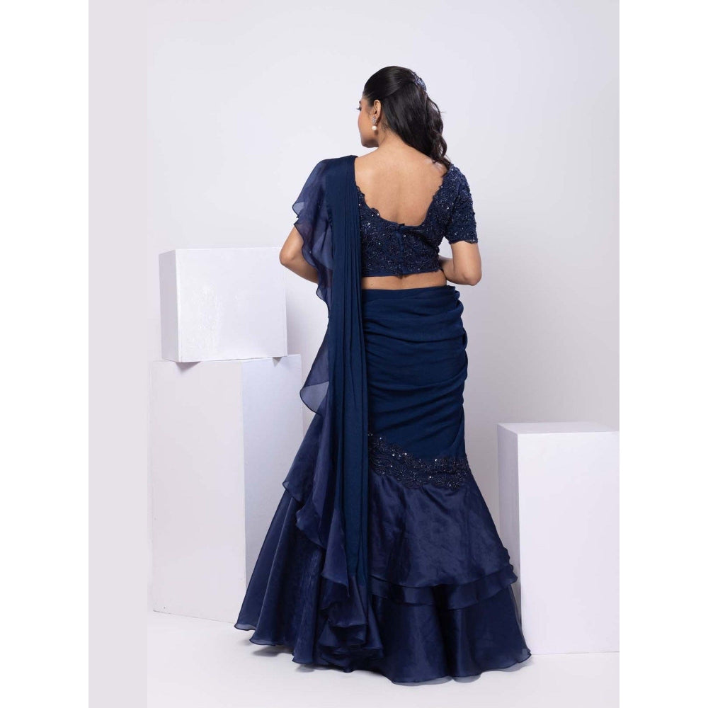 SMRITI Nova Blue Pre-Draped Saree with Stitched Blouse