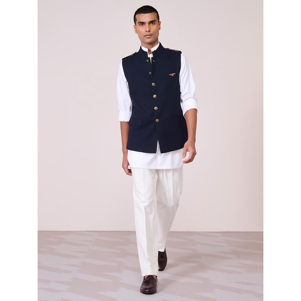 S&N by Shantnu Nikhil Navy Blue Rayon Blend Sleeveless Waistcoat