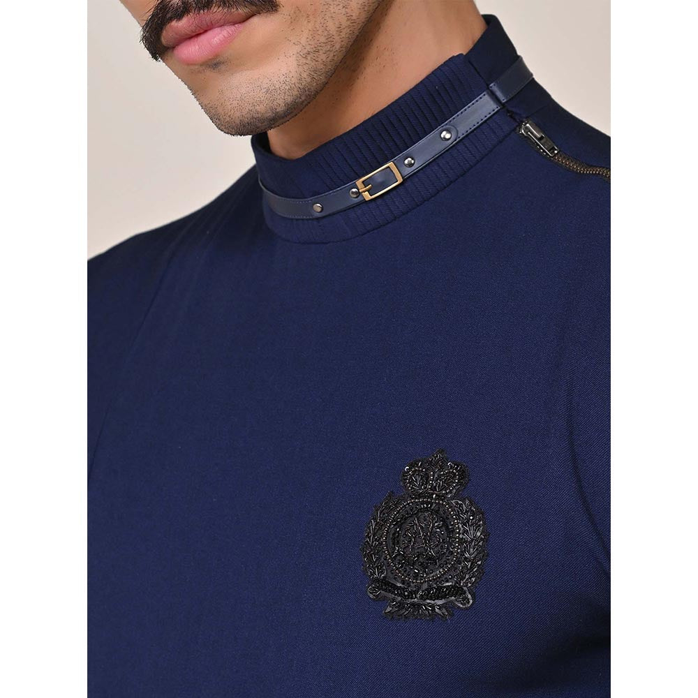 S&N by Shantnu Nikhil Navy Asymmetrical Crest Embroidered Kurta