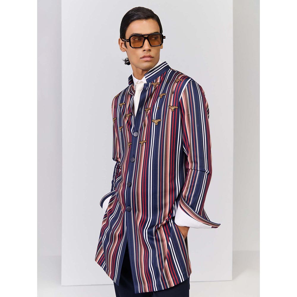 S&N by Shantnu Nikhil Multi-Coloured Striped Poly Jersey Kurta