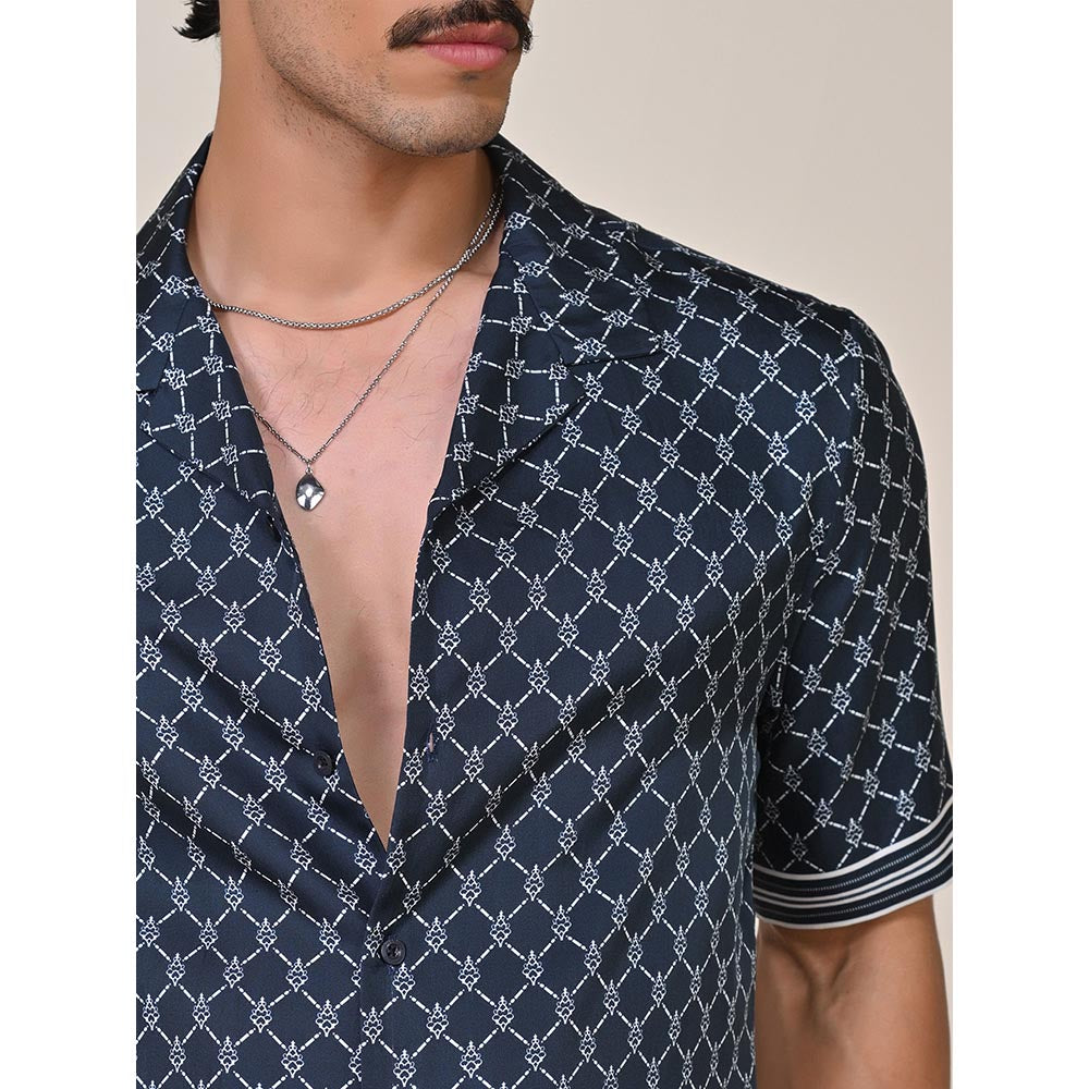S&N by Shantnu Nikhil Mens Navy Blue Silk Printed Slim Fit Shirt