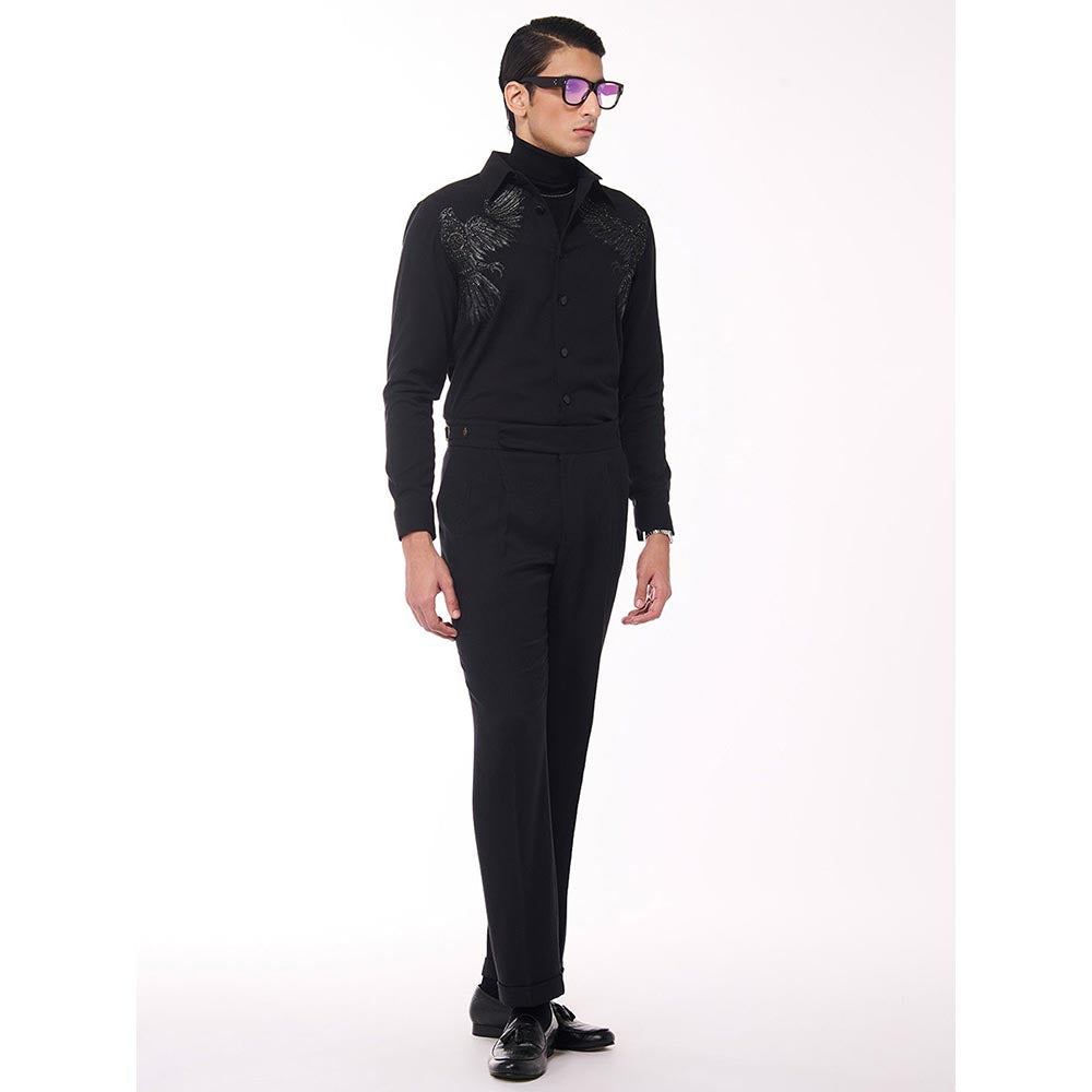 S&N by Shantnu Nikhil Men's Black Viscose Blend Embroidered Shirt
