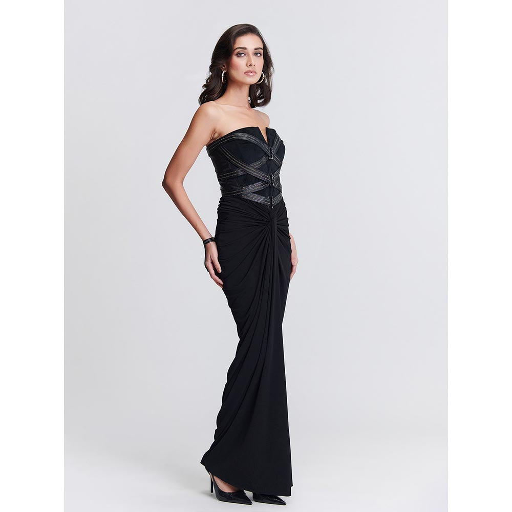 S&N by Shantnu Nikhil Womens Jersey Sequined Black Gown