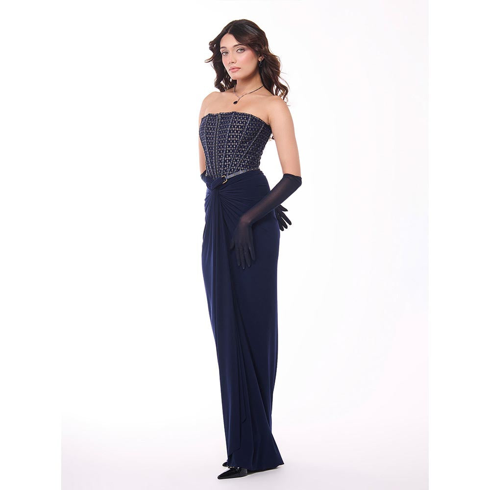 S&N by Shantnu Nikhil Navy Blue Solid Draped Skirt