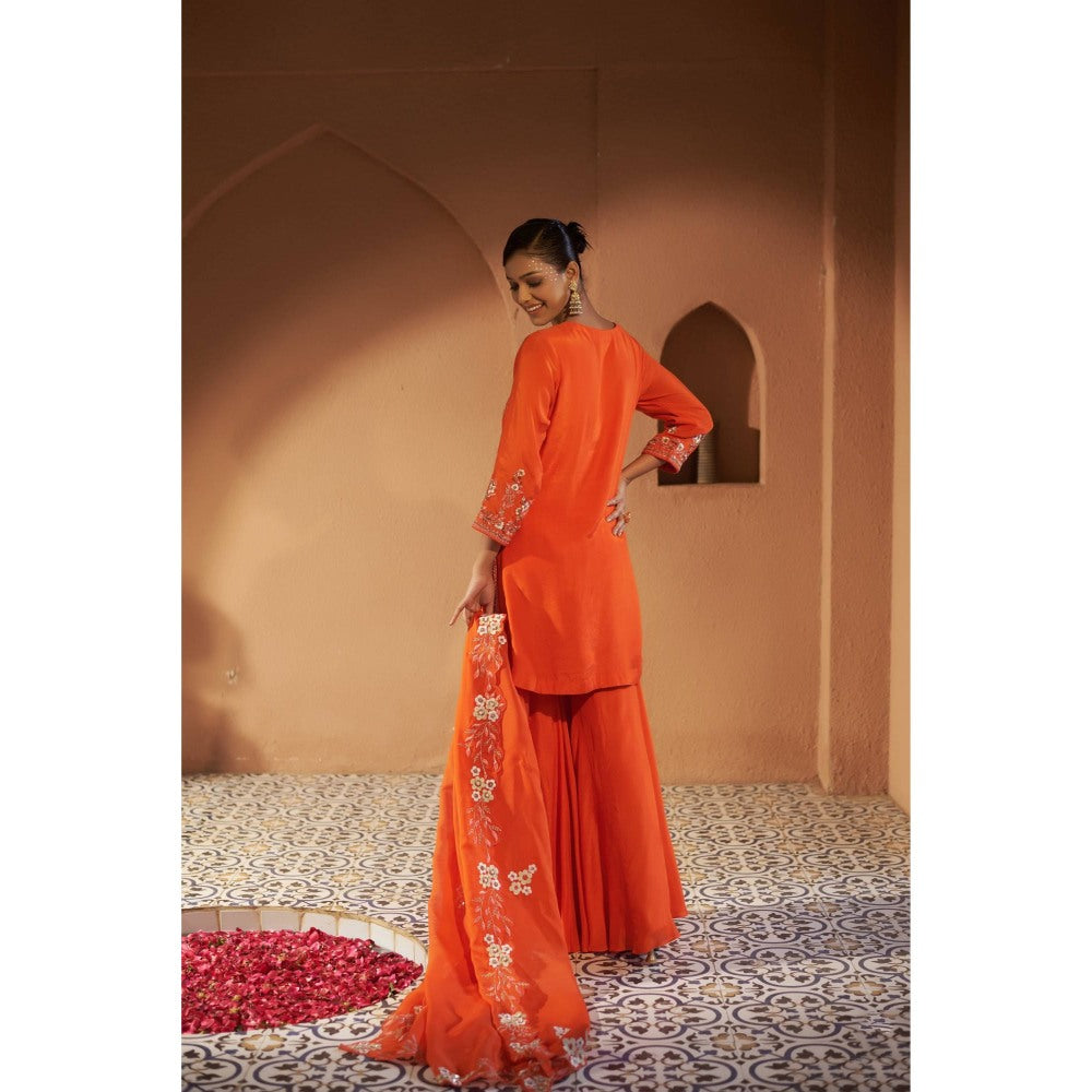 Sonia Khatri Orange Plumeria Sharara with Kurta and Dupatta (Set of 3)