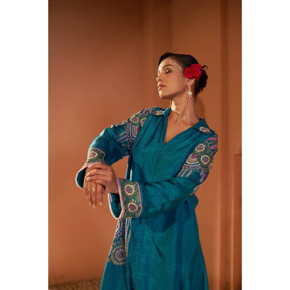 Sonia Khatri Deep Teal Alpana Long Kurta with Palazzo (Set of 2)