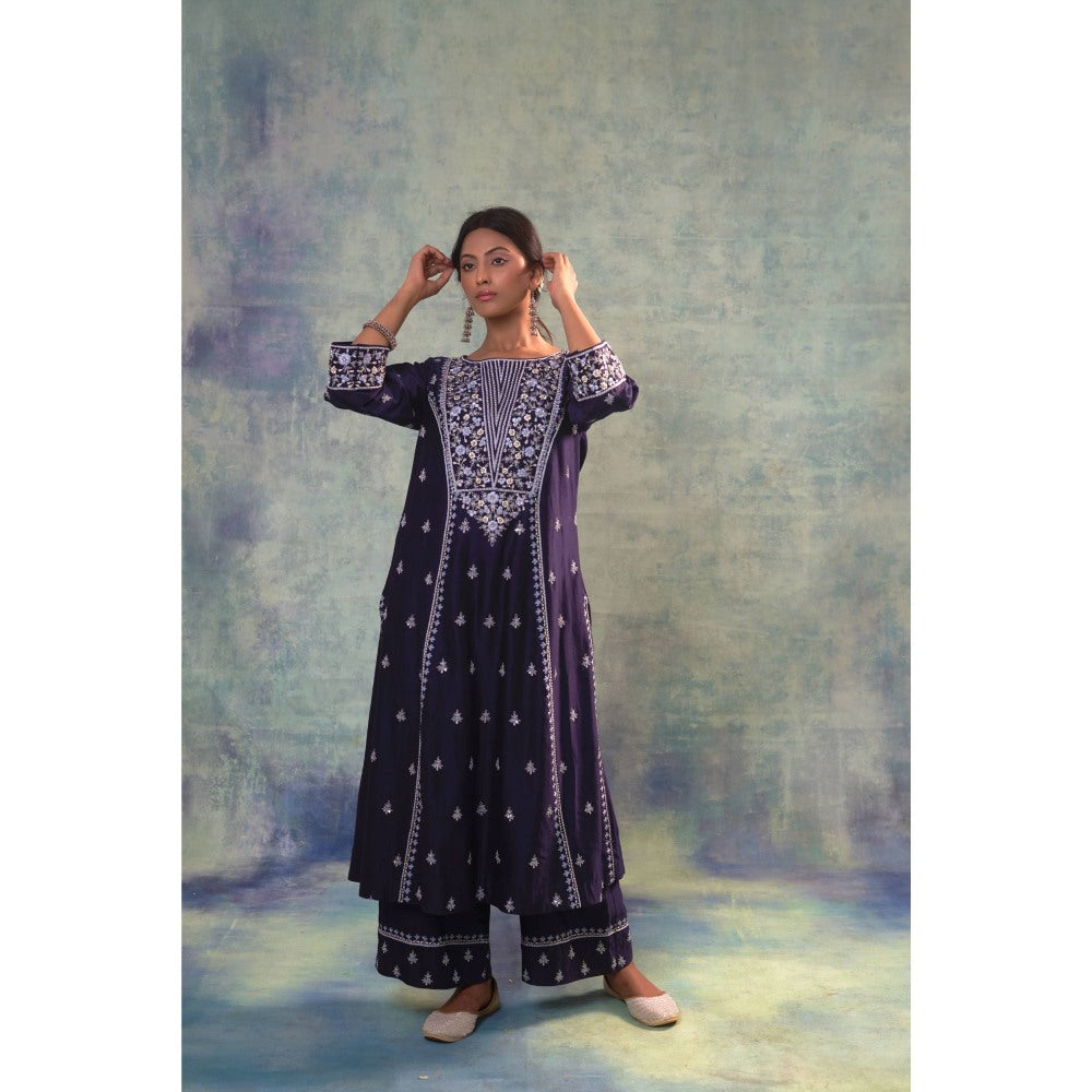 Sonia Khatri Blue Ebony Clay Resham Kurta with Palazzo and Dupatta (Set of 3)