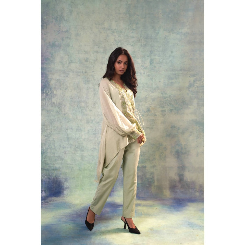 Sonia Khatri Tan Green Floral Top with Pant and Inner (Set of 3)