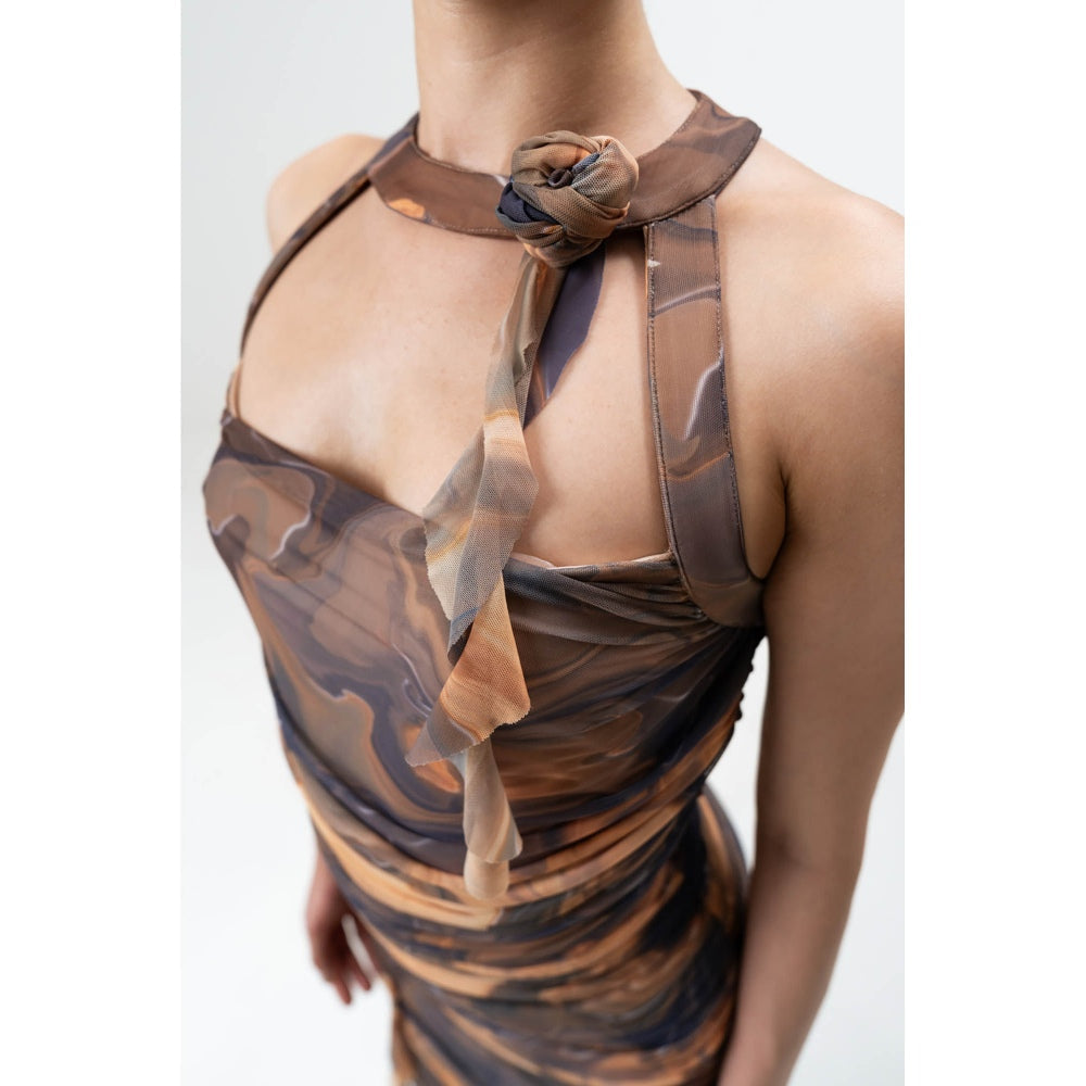 SOTBELLA Brown Printed Ruched Dress with Ruffles