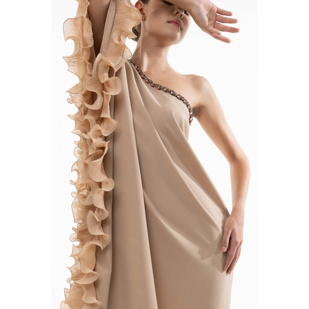 SOTBELLA Beige Embellished/Sequined One Shoulder Kaftan Dress