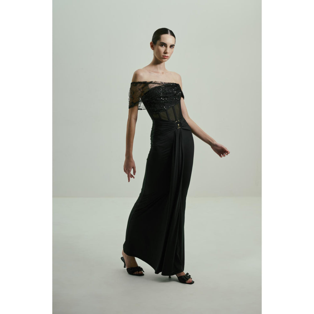 SOTBELLA Black Sequined Off-Shoulder Gown