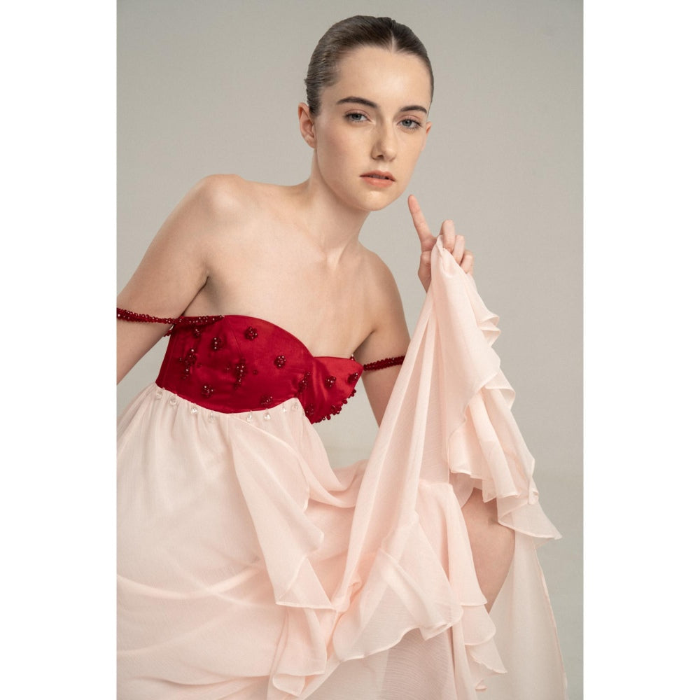 SOTBELLA Pink Flowing Midi Dress with Red Embellished Bustier