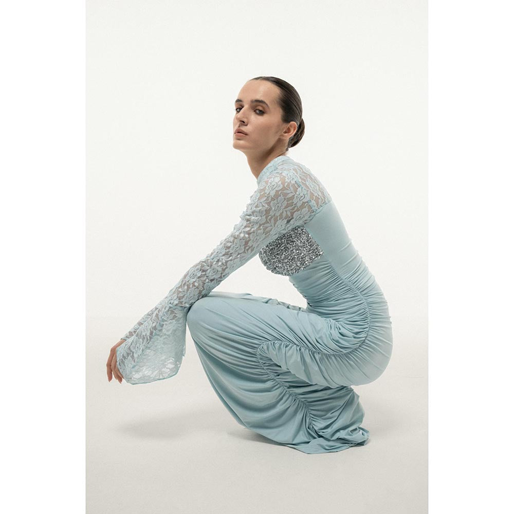 SOTBELLA BLUE LACE SLEEVE RUCHED DRESS