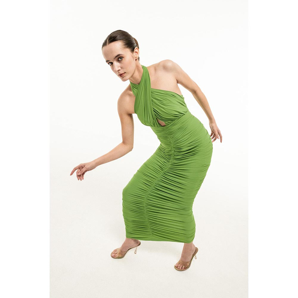 SOTBELLA GREEN HALTER-NECK RUCHED DRESS