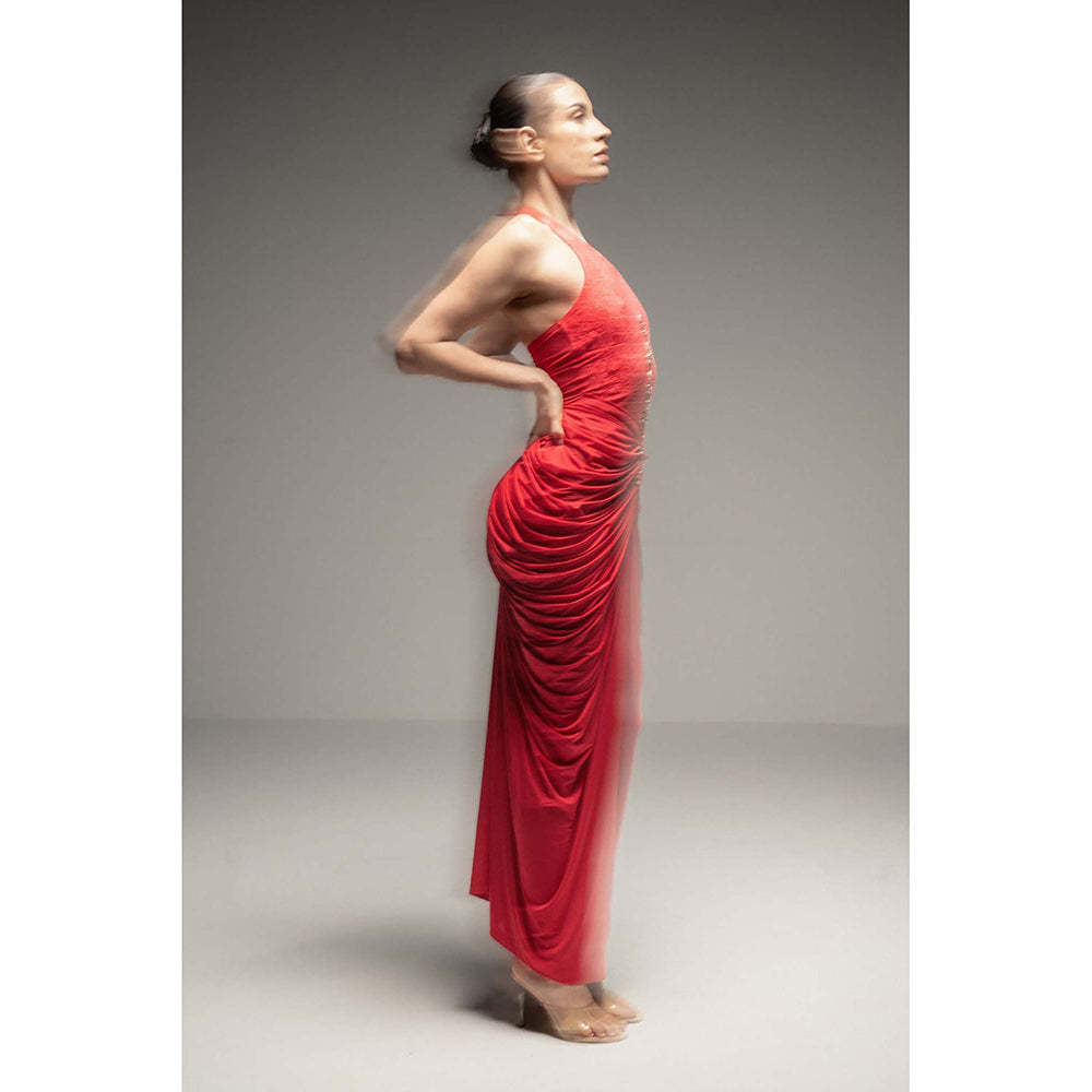 SOTBELLA Red Halter Neck Draped Dress