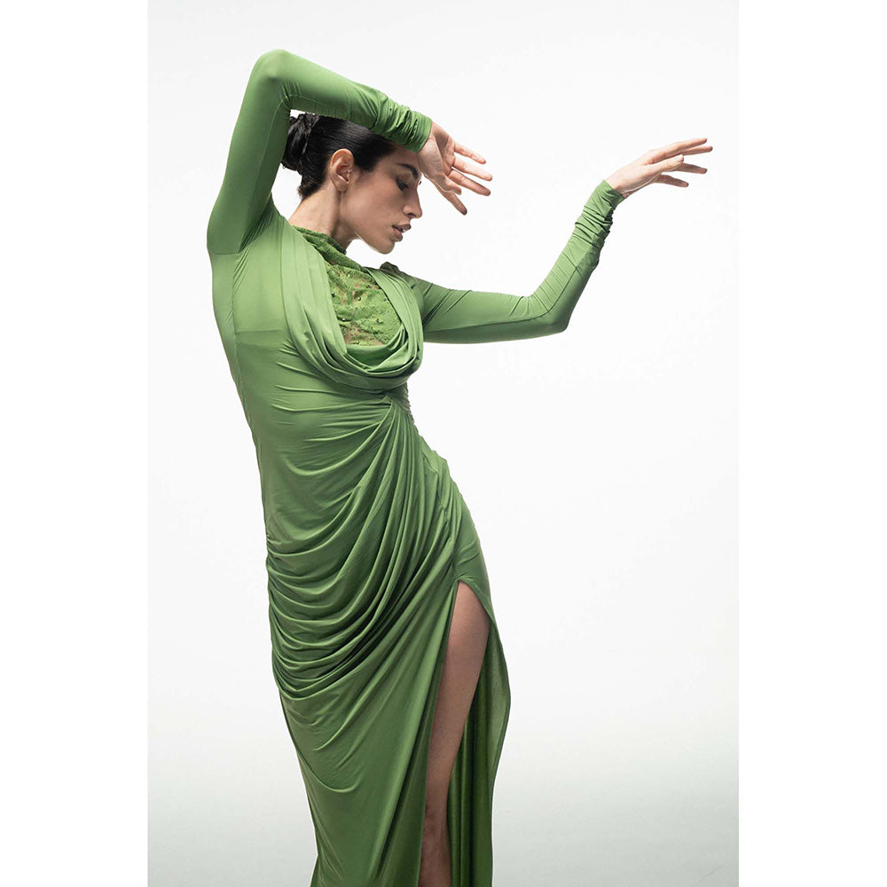 SOTBELLA Green Lace Panel Draped Dress