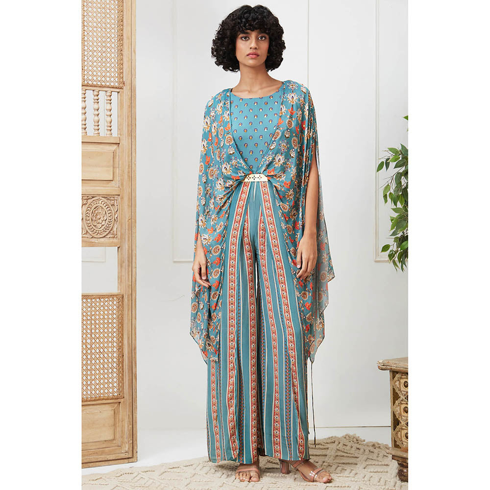 Soup by Sougat Paul Tabriz Turquoise Floral Jumpsuit with Belt (Set of 2)