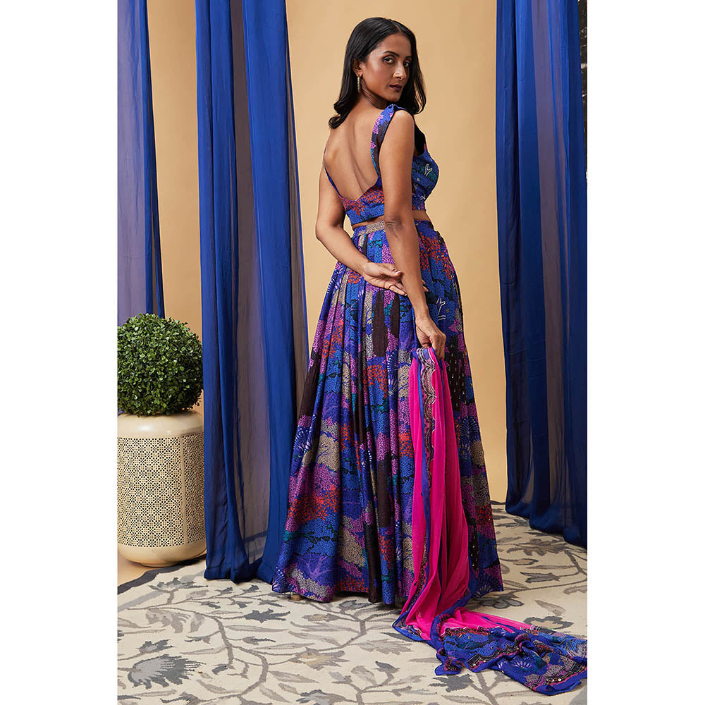 Soup by Sougat Paul Benazir Blue Floral Lehenga with Choli and Dupatta (Set of 3)