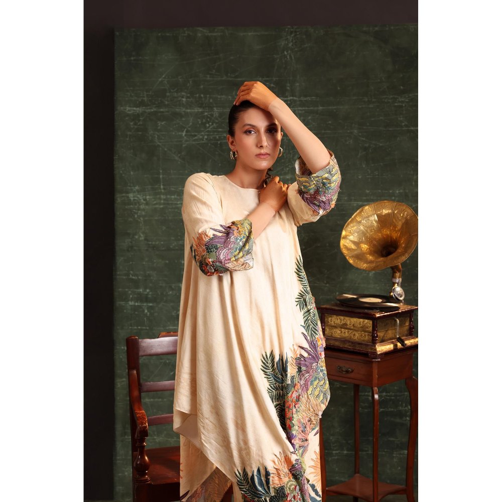 Soup by Sougat Paul Beige Kaira Embellished Asymmetric Kurta with Palazzo (Set of 2)