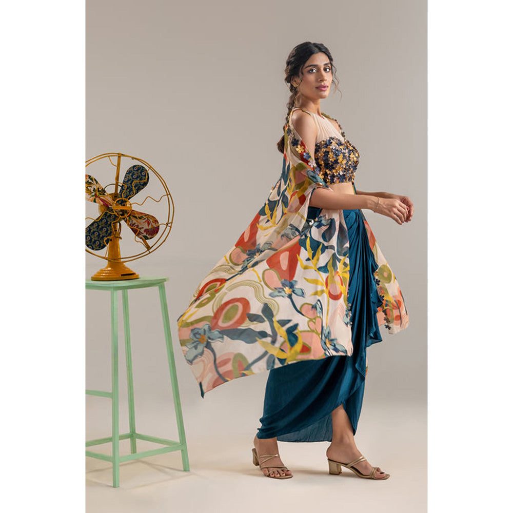 Soup by Sougat Paul Blue Crop Top Skirt with Cape