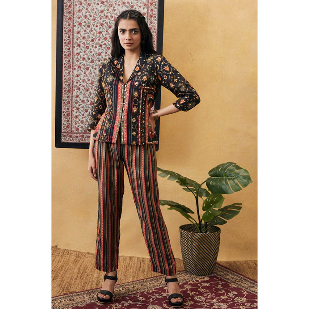 Soup by Sougat Paul Black V-Neck Embroidered Three Fourth Sleeves Top with Pant Co-Ord