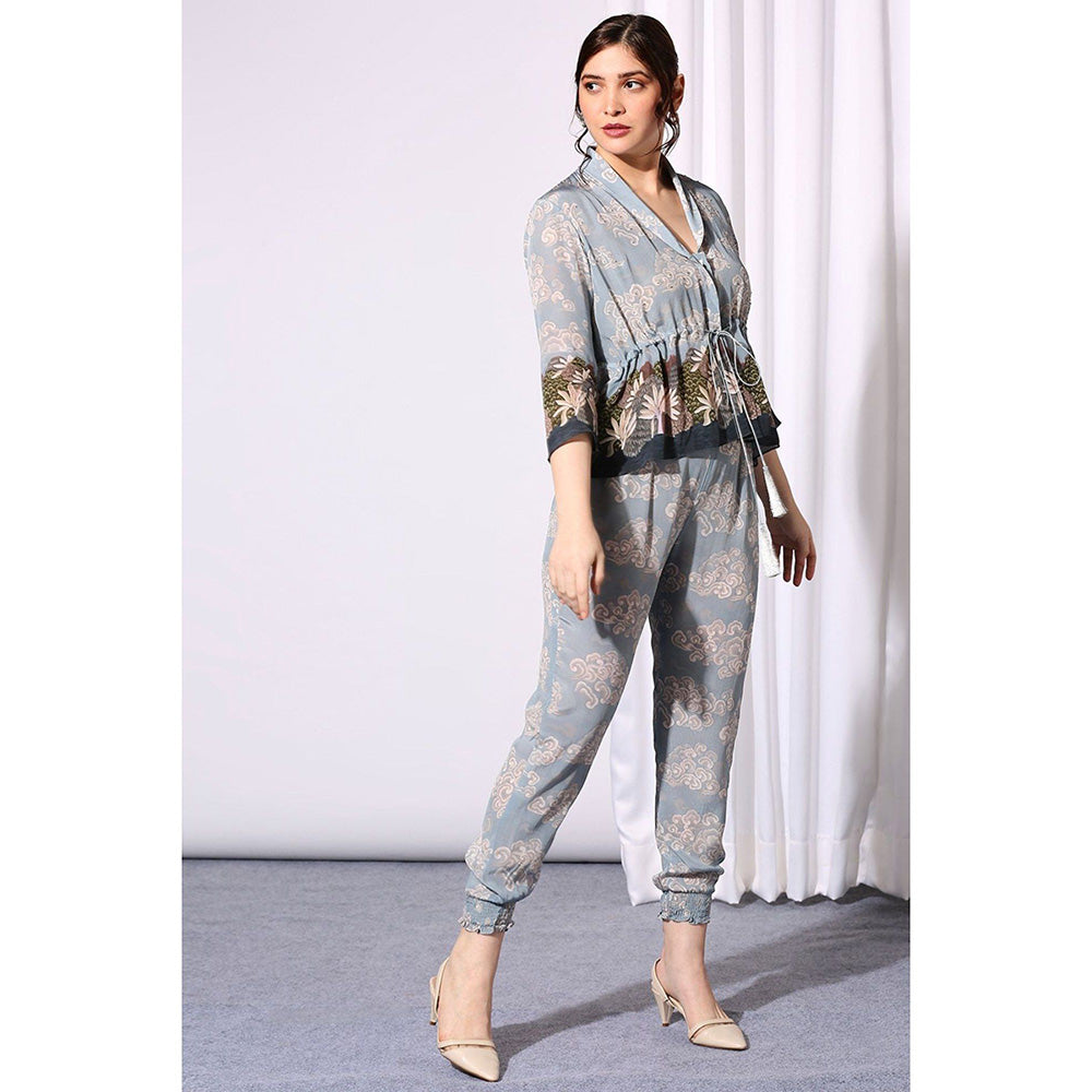 Soup by Sougat Paul Blue V-Neck Printed Three Fourth Sleeves Top with Pant Co-Ord