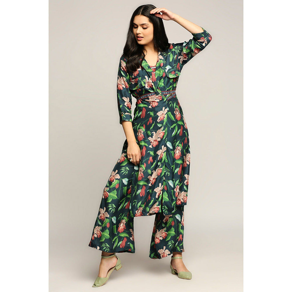 Soup by Sougat Paul Green Notched Lapel Floral Top with Palazzo and Jacket