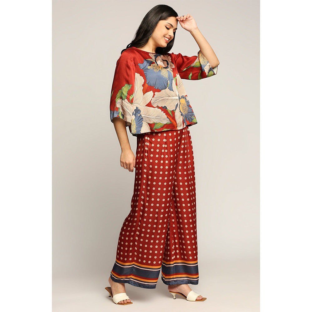 Soup by Sougat Paul Maroon Round Neck Floral Three Fourth Sleeves Top with Palazzo