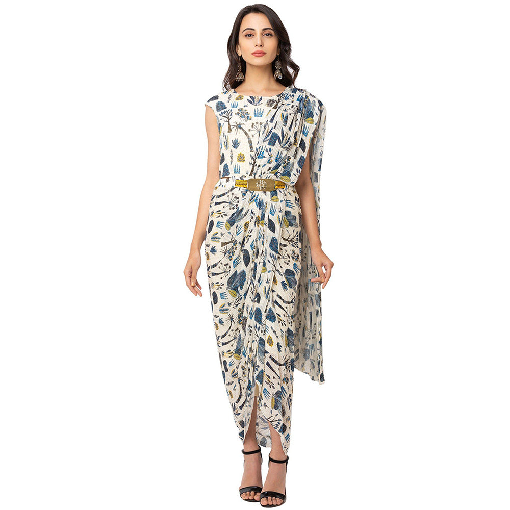 Soup by Sougat Paul Off White Tree Printed Drape Dress with Belt