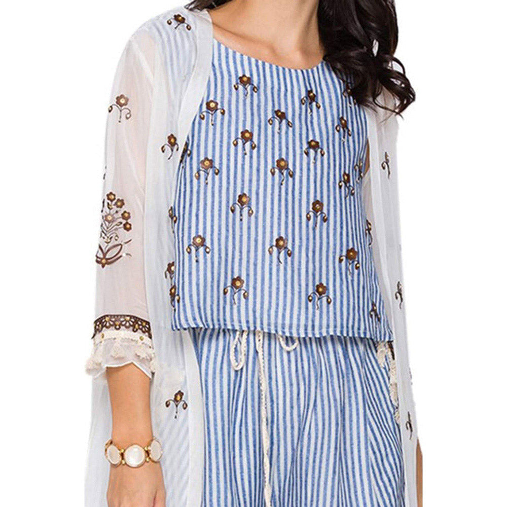 Soup by Sougat Paul Blue V-Neck Floral Three Fourth Sleeves Top with Palazzo and Jacket