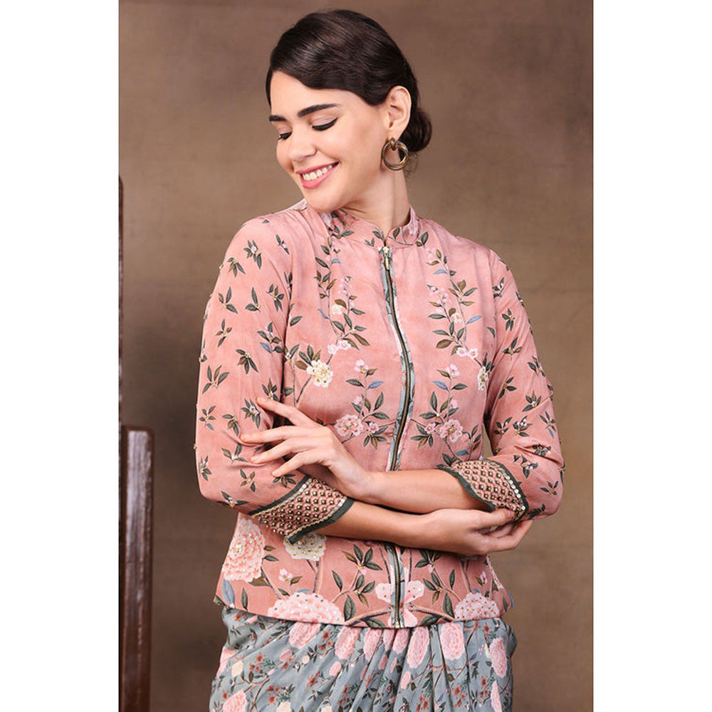 Soup by Sougat Paul Multi-Color Mandarin Neck Floral Three Fourth Sleeves Top with Skirt