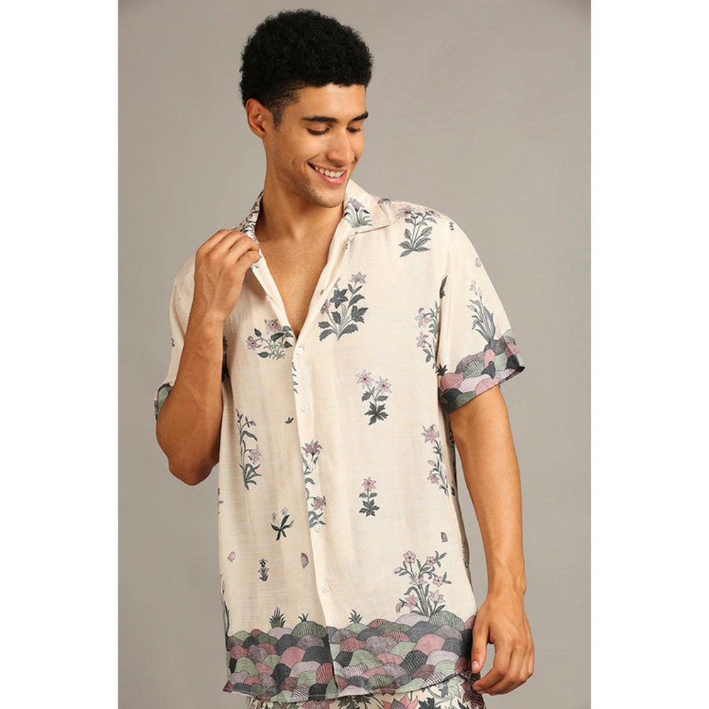 Soup by Sougat Paul Mens Beige Notched Lapel Floral Half Sleeves Shirt and Shorts Co-Ord Set