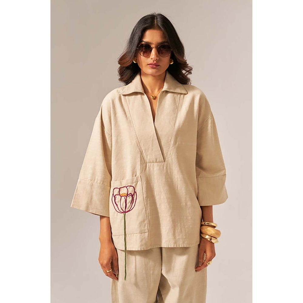 SPACE Giza Beige Co-Ord Set Made With Cotton Shirt And Pant