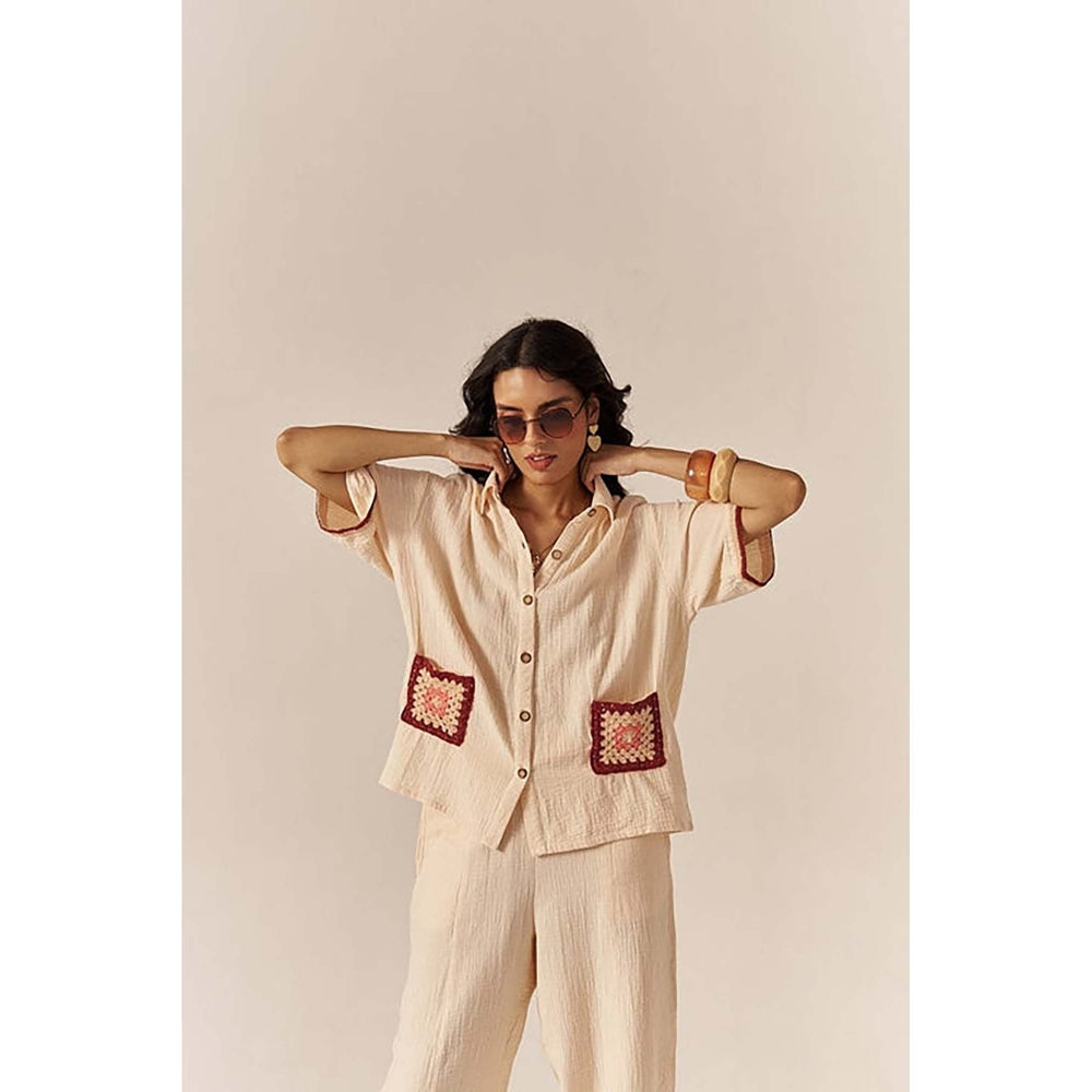 SPACE Crochet Details Cream Tuscan Top And Barrel Style Pant