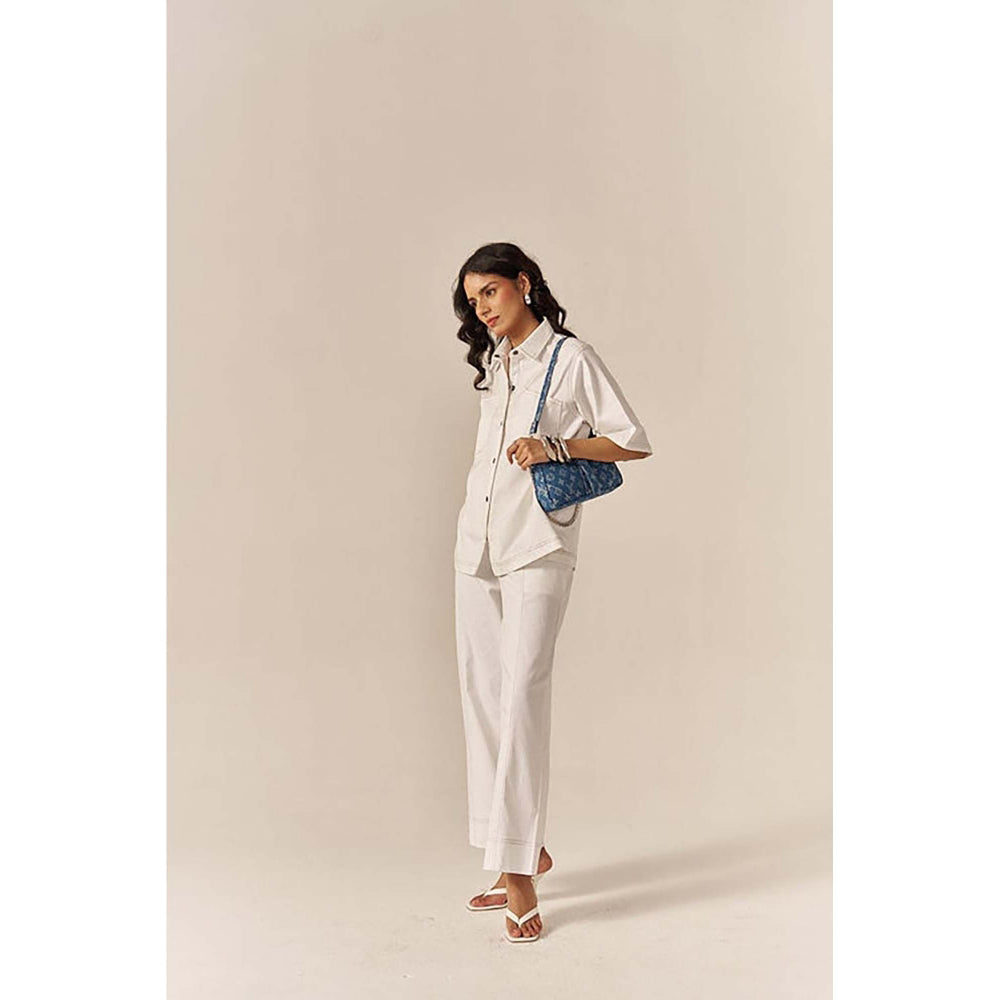 SPACE White Pocketed Cotton Denim Shirt With Flared Pant